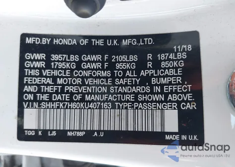 2019 Honda Civic Ex z USA, uszkodzony, nr VIN SHHFK7H60KU407163